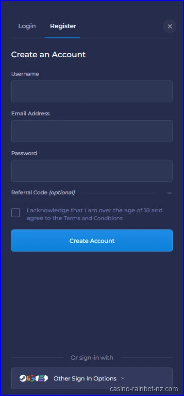 Rainbet register NZ to create a crypto casino account